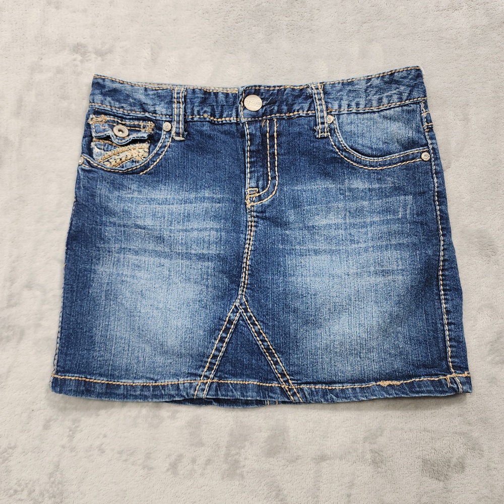 Maurices Skirt Women 1/2 Juniors Blue Denim Embroidered Mini Stretch Casual